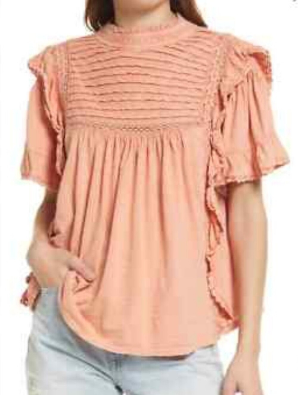 Free People La Femme Cotton Rust Peach Ruffle Short Sleeve Mock Neck Top Women M